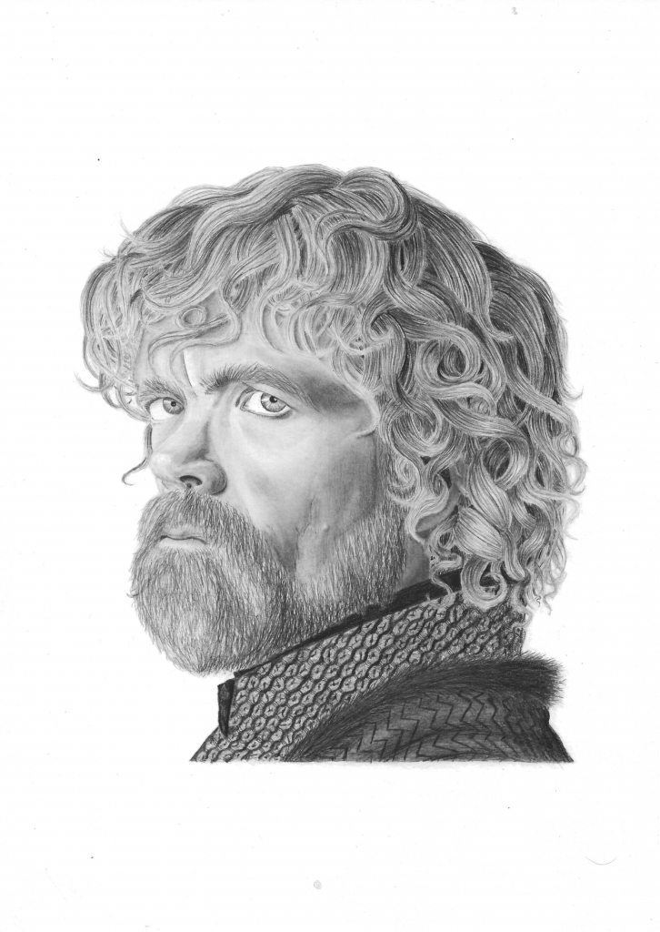 Das Bild zeigt ein mit Bleistift gezeichnetes Porträt von Tyrion Lannister, einer Figur aus der Serie "Game of Thrones", gespielt vom Schauspieler Peter Dinklage. Das Porträt ist detailliert ausgearbeitet und zeigt Tyrion mit seinem markanten Gesichtsausdruck, lockigem Haar und Bart.