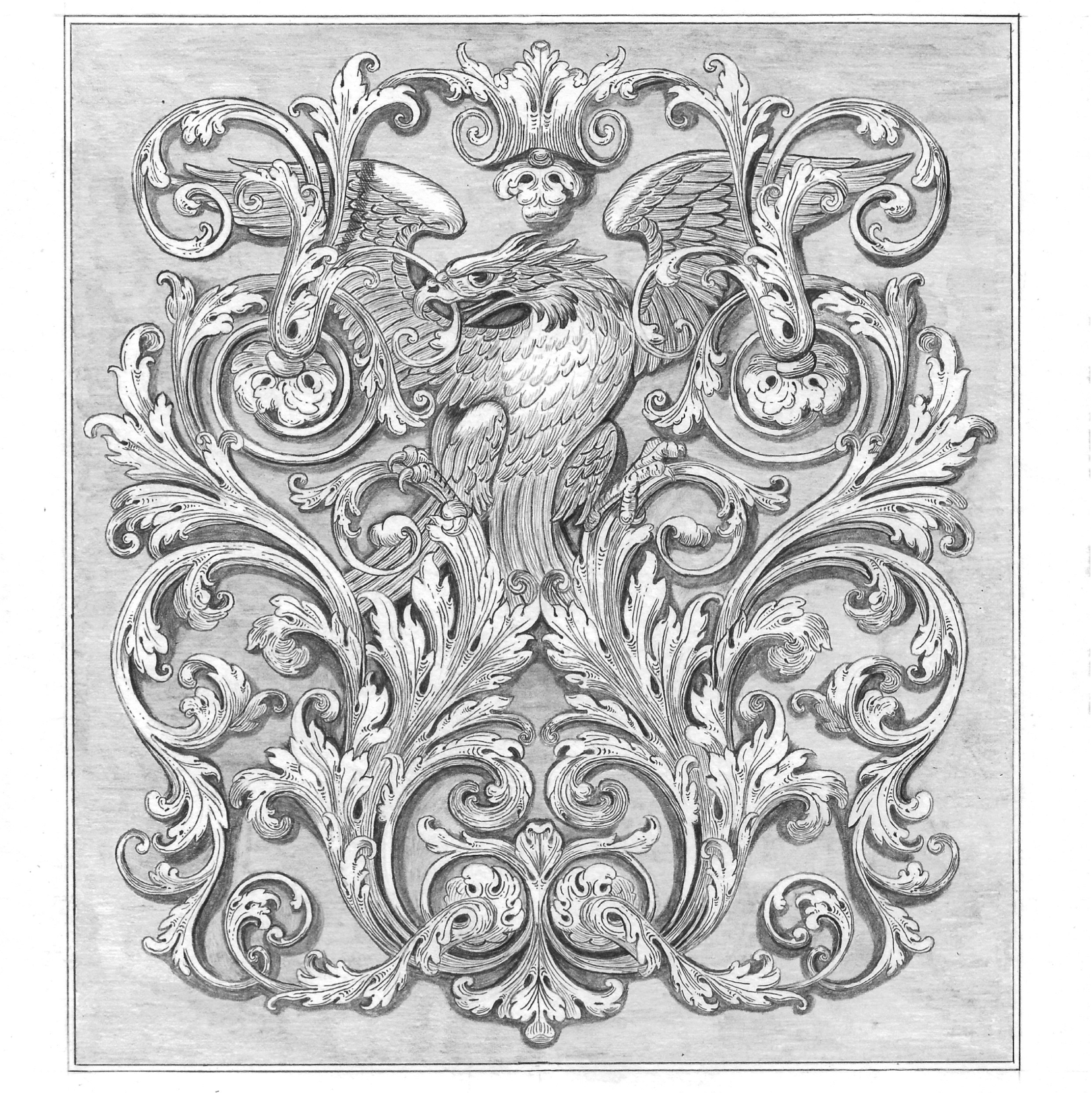 Das Bild zeigt eine Bleistiftzeichnung eines stilisierten Adlers, der in der Mitte eines verschlungenen Akanthusornaments sitzt, was ihn teilweise verdeckt. Der Hintergrund wurde sanft mit Bleistift ausgemalt, wodurch das Ornament und der Adler in den Vordergrund rücken. Abgeschlossen wird das Bild durch einen schmalen, weißen Rahmen.