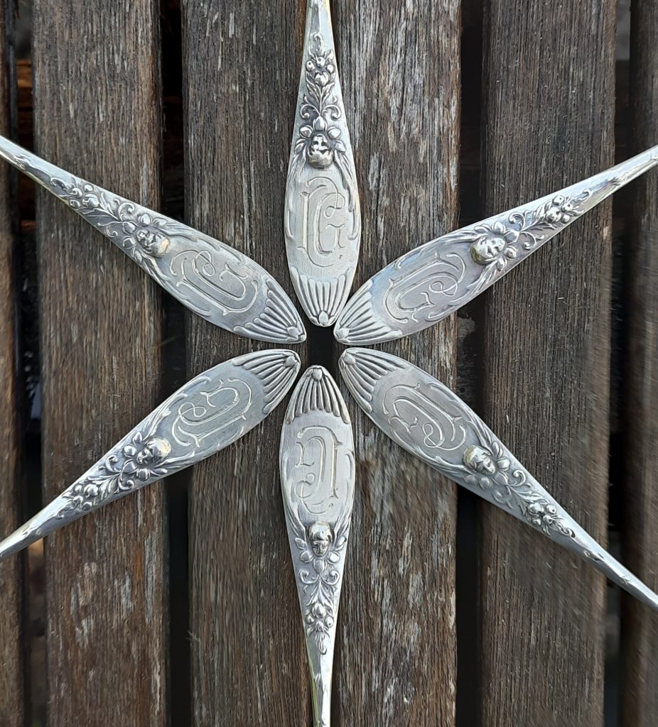 Das Bild zeigt sechs silberne Teelöffel, die sternförmig auf einem dunklen, wettergegerbten Holztisch ausgelegt sind. Die Löffel liegen mit ihren Griffen zur Mitte zeigend, sodass die dekorierten Enden einen symmetrischen sechszackigen Stern bilden.

Jeder Löffelgriff ist reich verziert und zeigt ein eingraviertes Monogramm in einer kunstvollen Jugendstil-Schrift. Die Buchstaben sind geschwungen und filigran ausgearbeitet. Darüber hinaus zieren florale Ornamente und kleine, fein modellierte Gesichter – wahrscheinlich Frauenporträts – die Oberseite jedes Griffs.